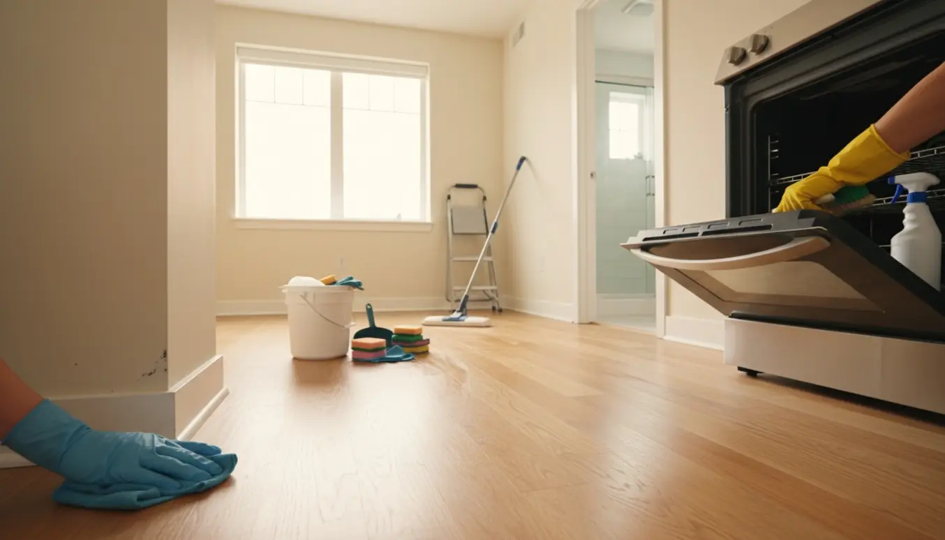 Rengøring af en tom lejlighed efter fraflytning med handsker, mikrofiberklud og rengøringsudstyr.