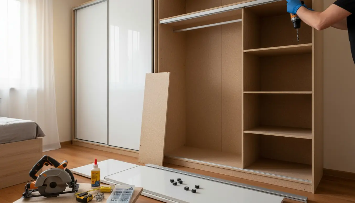 Et lyst værkstedslignende hjørne med to skabe, hvor det ene er færdigt og det andet delvist monteret med skydedørskomponenter og værktøj i forgrunden.