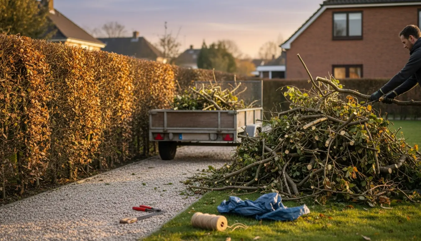 Stor bunke beskårne grene ved en nyligt klippet hæk, klar til at blive læsset på en trailer.
