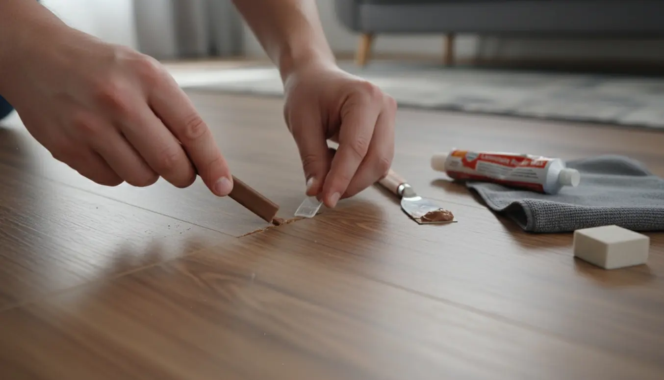 Nærbillede af laminatgulv med flere små mærker, hvor en hånd reparerer en ridse med voksstift og spartel.
