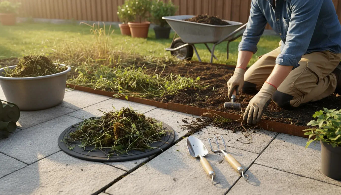 Handskerede hænder fjerner ukrudt mellem terrassefliser, mens et bed luges og ny bedafgrænsning monteres.