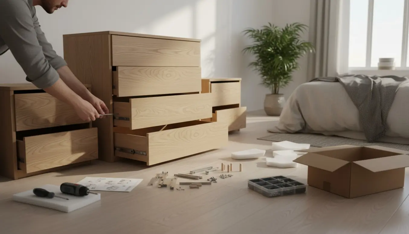Hænder samler en fem-skuffers kommode og et natbord i et lyst soveværelse med værktøj og åbne dele.