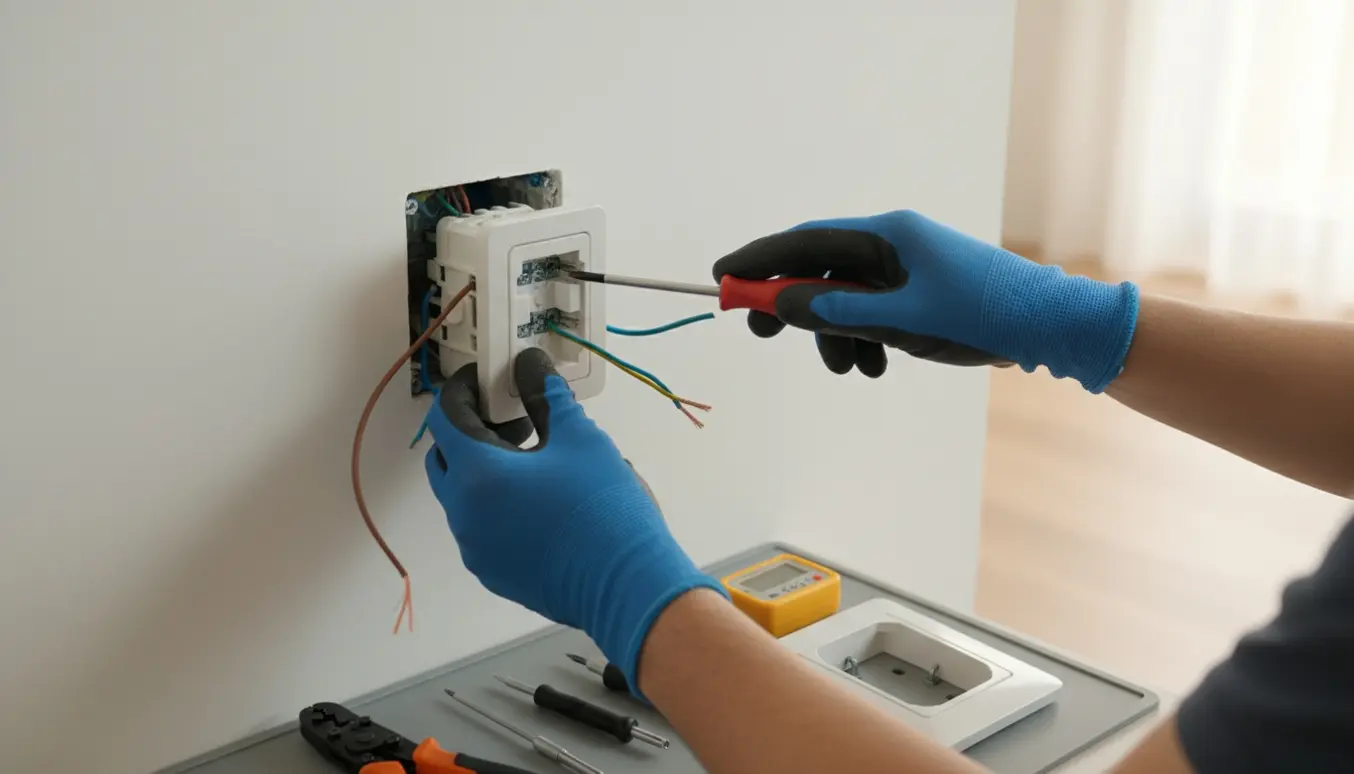 Nærbillede af hænder, der monterer en ny stikkontakt på en væg med værktøj og elektrisk kabel.