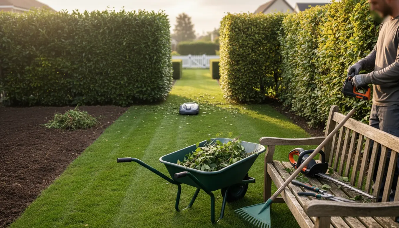 Havearbejde med nyklippede hække, værktøj, ryddede bede og en robotplæneklipper i græsset.