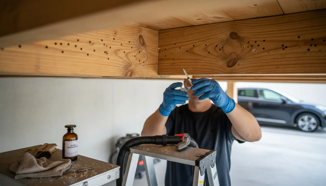 Person behandler borehuller i gran tværbjælke i en carport, handsker og værktøj synligt, ansigt ude af billedet.