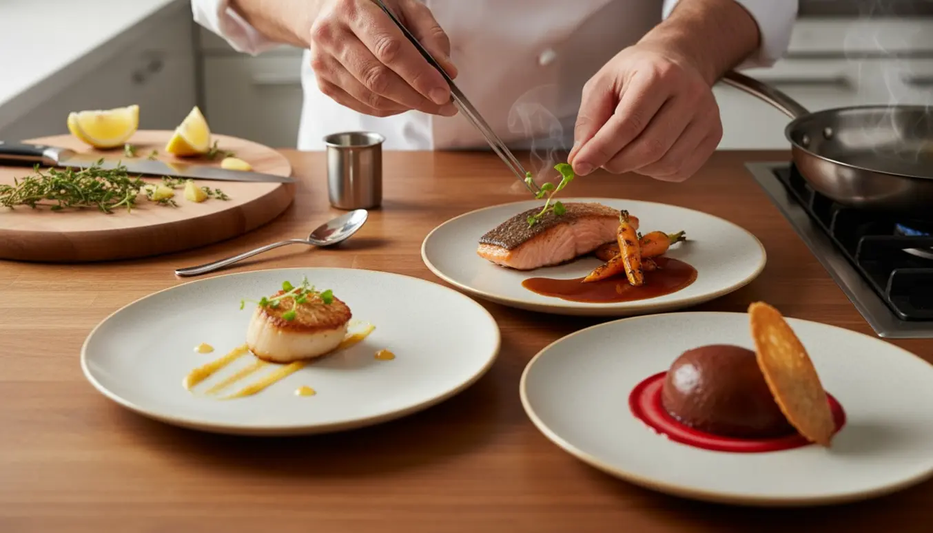 Kokkens hænder anretter en tre-retters menu med forret, hovedret og dessert på et lyst køkkenbord.