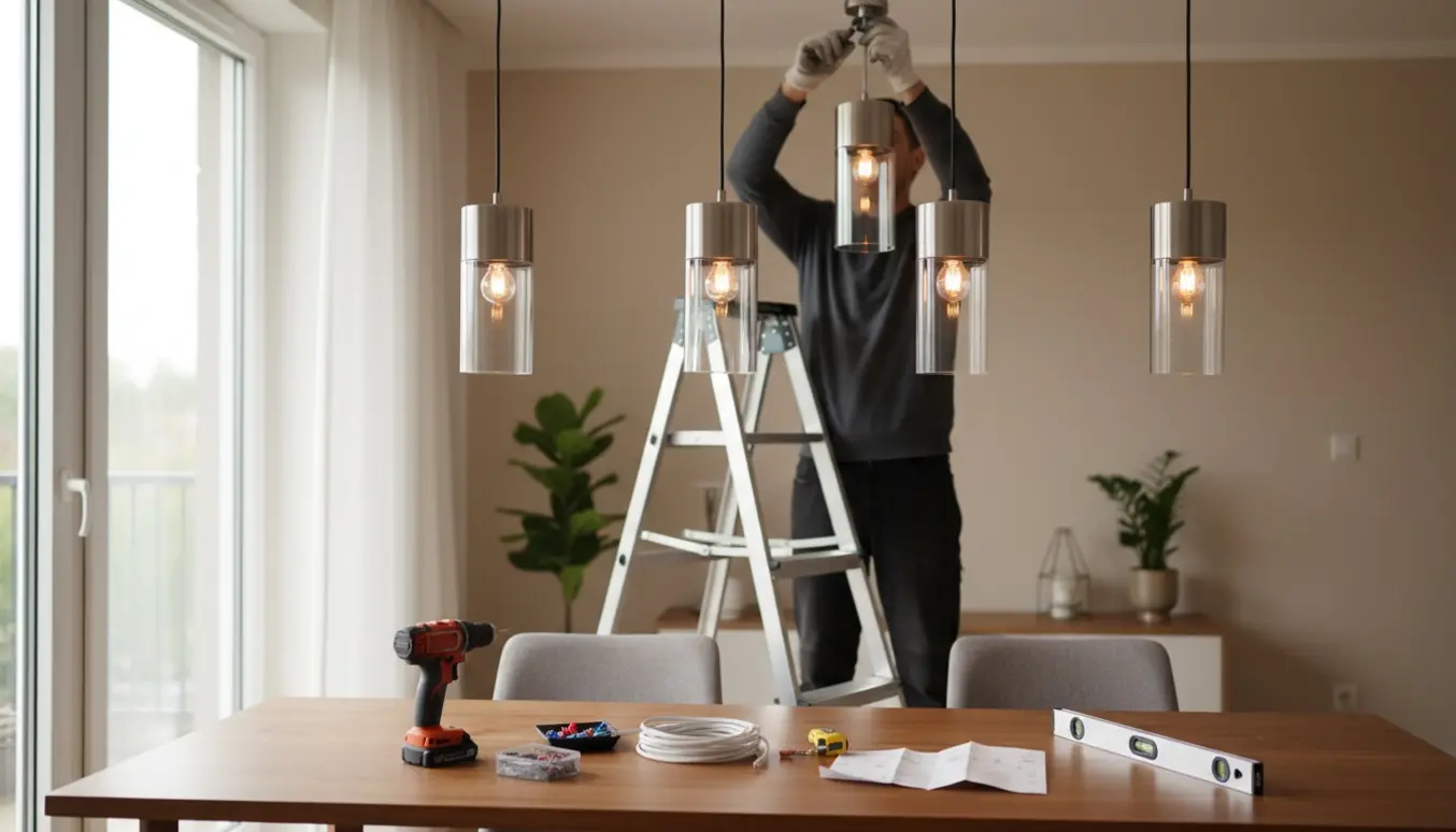 Person på en stige monterer flere pendler over et spisebord, med værktøj og monterede lamper i fokus.