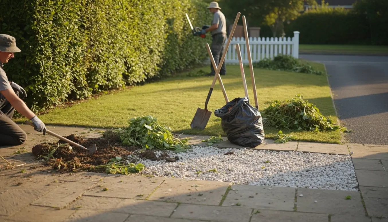 Forhave hvor ukrudt fjernes mellem fliser og perlesten, og en lang ligusterhæk bliver klippet med haveredskaber og fyldte affaldssække.