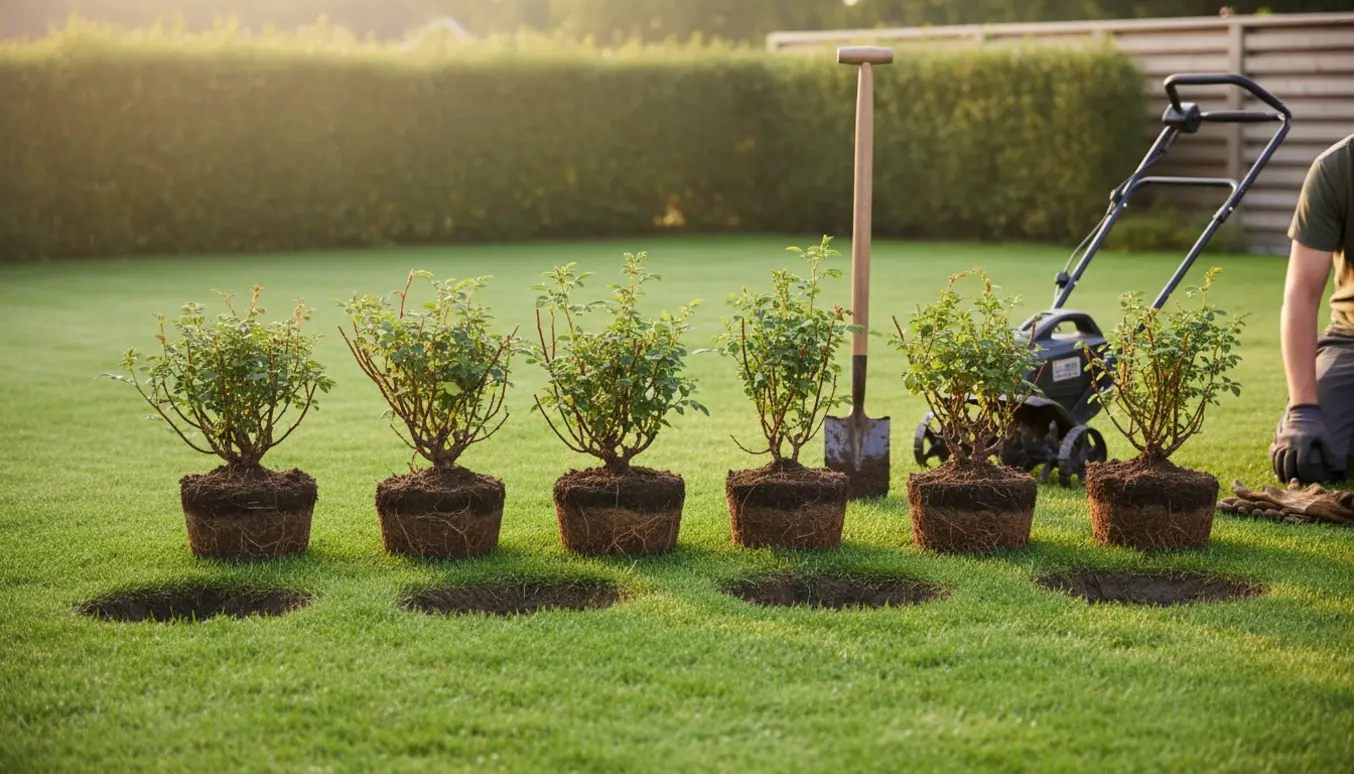 Seks opgravede hybenroser lagt ved siden af huller i græsplænen med skovl og havehandsker.