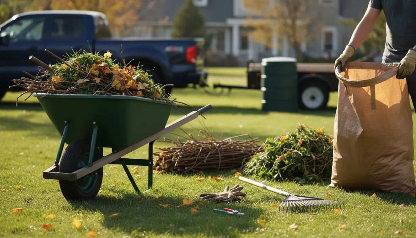 Trillebør fyldt med haveaffald og handsker i en solbelyst baghave.