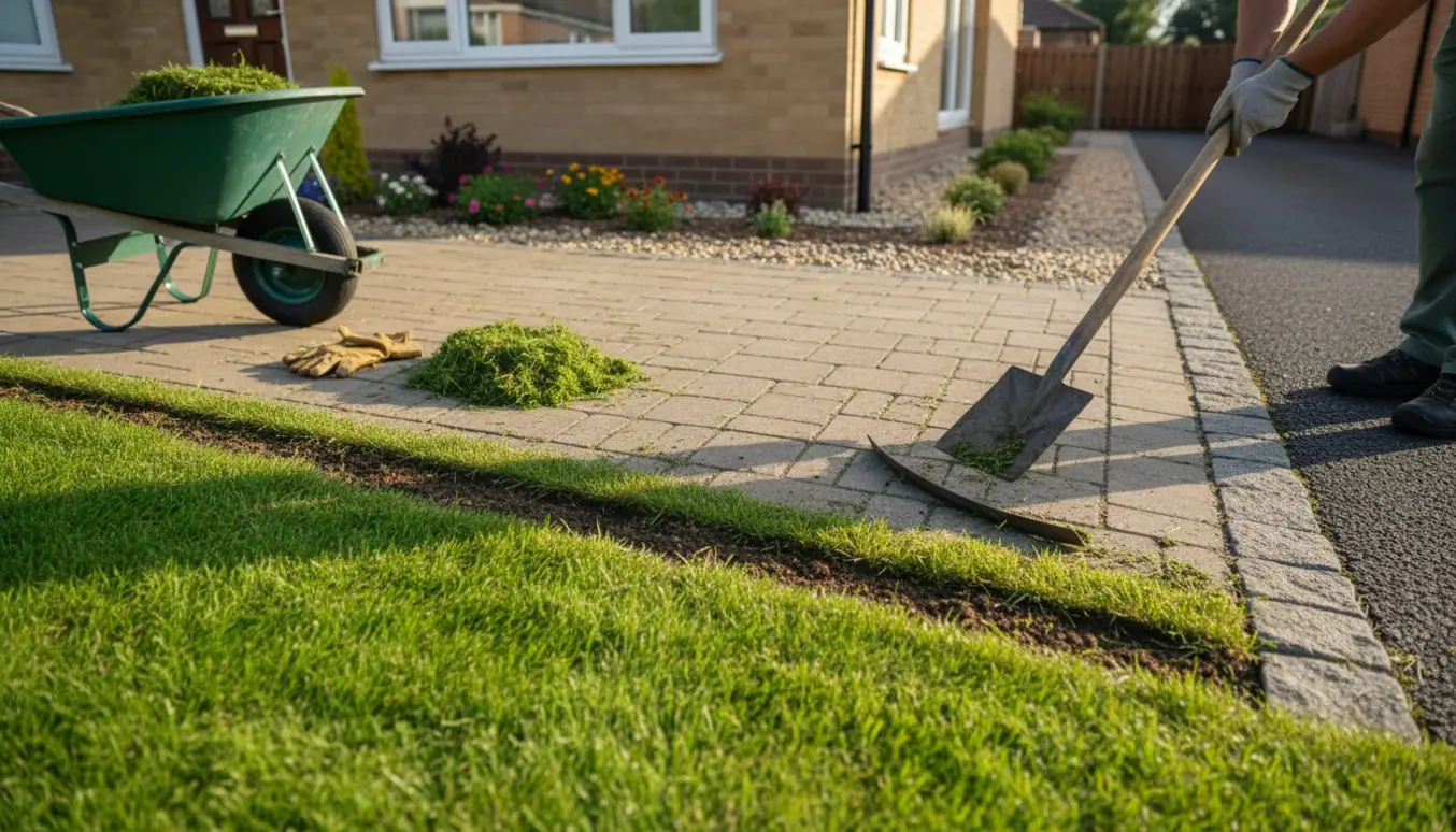 Kantning af græs langs fliser omkring et hus med spade og halvmåne-kantjern, og en nyrenoveret græskant.