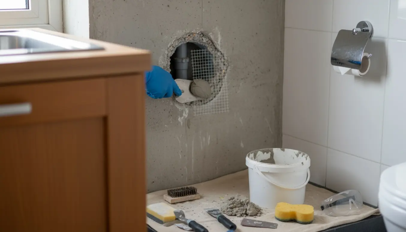 Nærbillede af en hånd, der reparerer et hul i en betonvæg mellem køkken og toilet med mørtel og spartel.