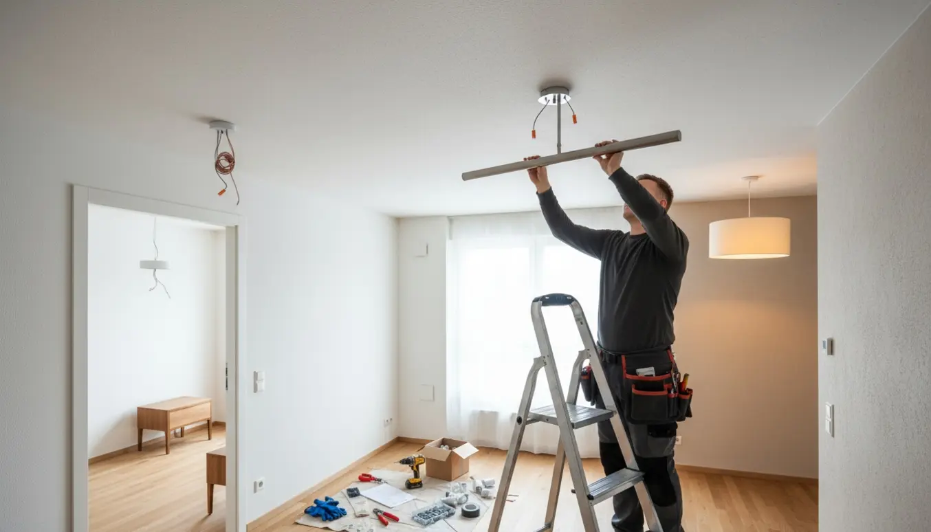 En håndværker på en stige installerer en loftlampe, mens to andre lamper er i forskellige installationsstadier i lejligheden.