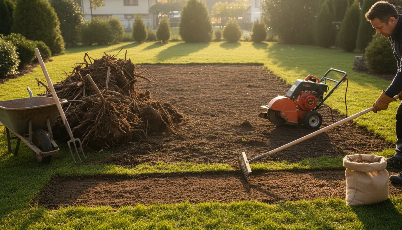 Opgravet baghave med bunker af buskerødder, trillebør og jævnet jord klar til såning af græs.
