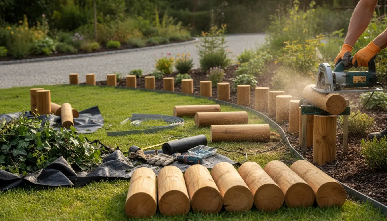 Robiniestolper saves til og nyt fiberdug rulles ud langs bedkanten ved en indkørsel.