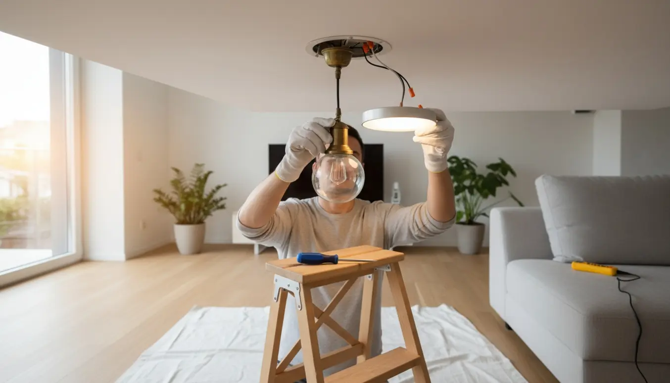 Hænder på en stige udskifter en loftslampe i en lys moderne stue med nyt armatur og værktøj ved siden af.