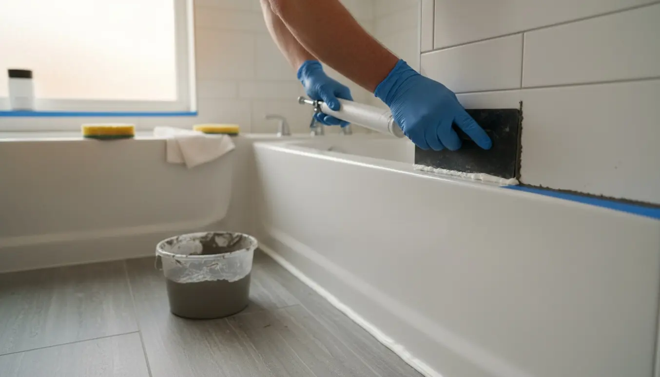 Hænder fuger fliser og tætner badekarkanten i et nyrenoveret badeværelse.
