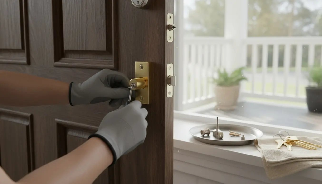 Nærbillede af hænder, der monterer en ny låsecylinder i en hoveddør med værktøj ved siden af.