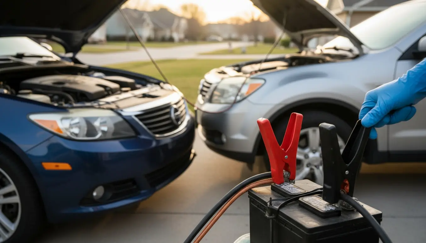 To biler med åbne motorhætter forbundet med røde og sorte startkabler, en hånd holder en klemme ved batteripolerne.