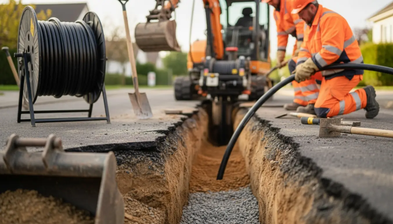 Et opgravet spor under en vej, hvor elkabel trækkes gennem et beskyttelsesrør.
