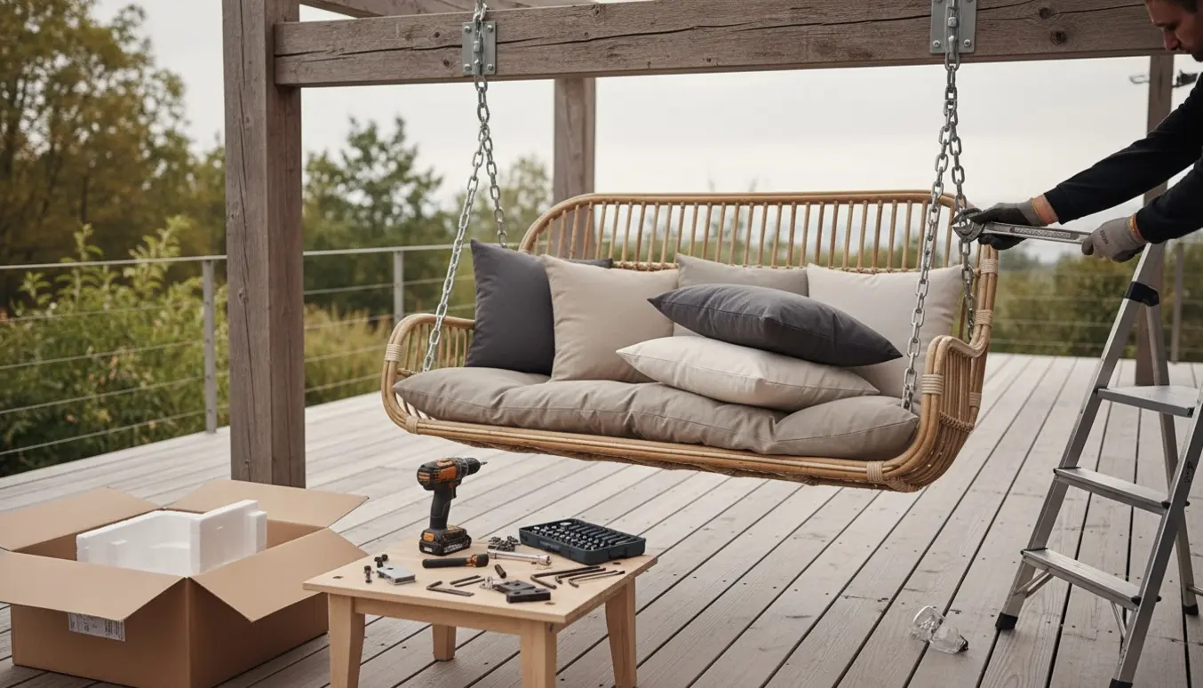 Montering af Wien hængesofa på en træterrasse med værktøj og puder klar.