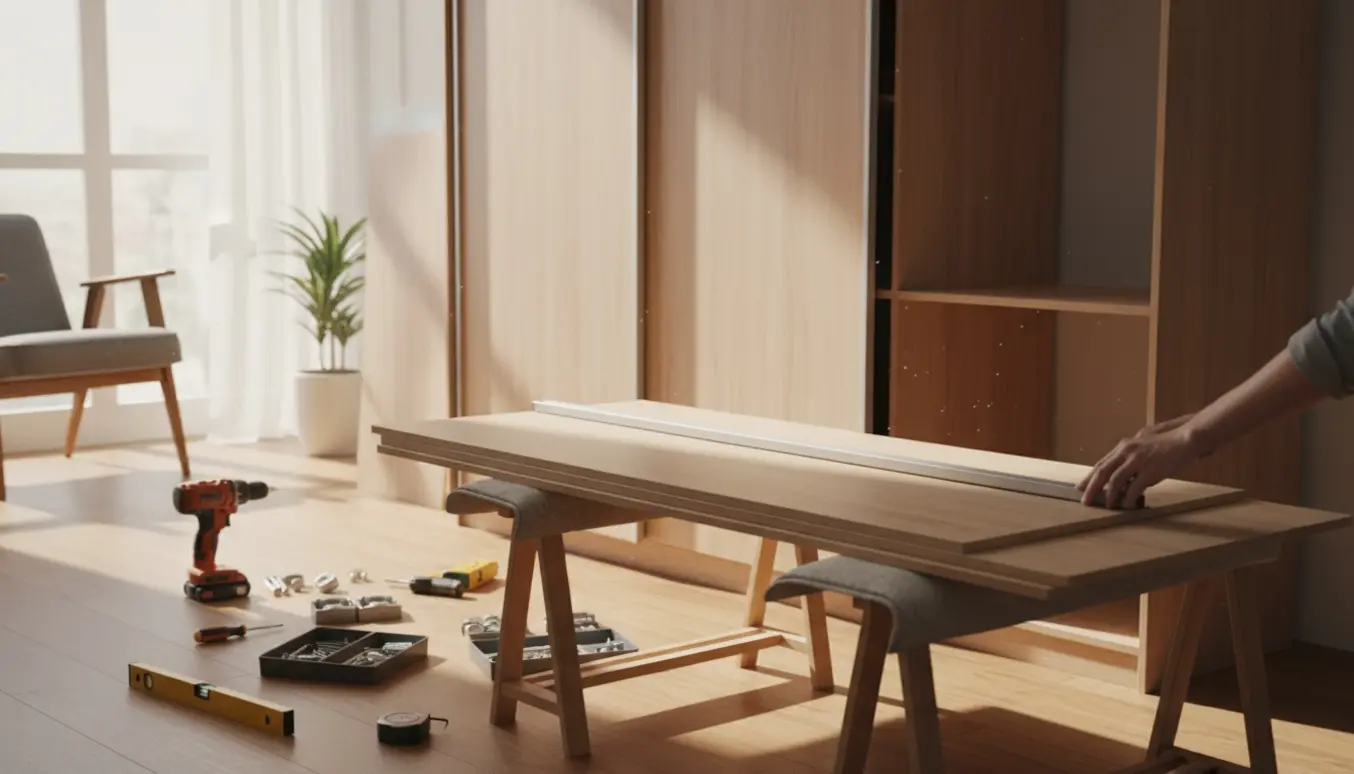 Hænder samler et skab og monterer skydedøre med værktøj spredt på et lyst trægulv.