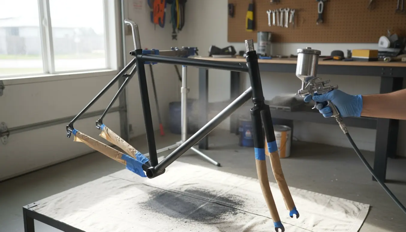 Cykelramme på reparationsstativ bliver spraymalet sort i et lyst værksted.