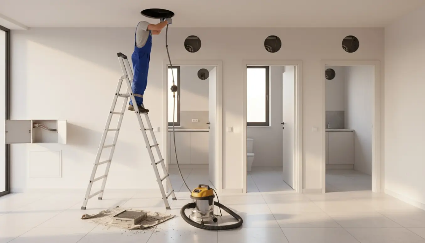 Tekniker på stige rengør en udsugningsventil med børste og støvsuger, flere ventiler synlige i baggrunden.