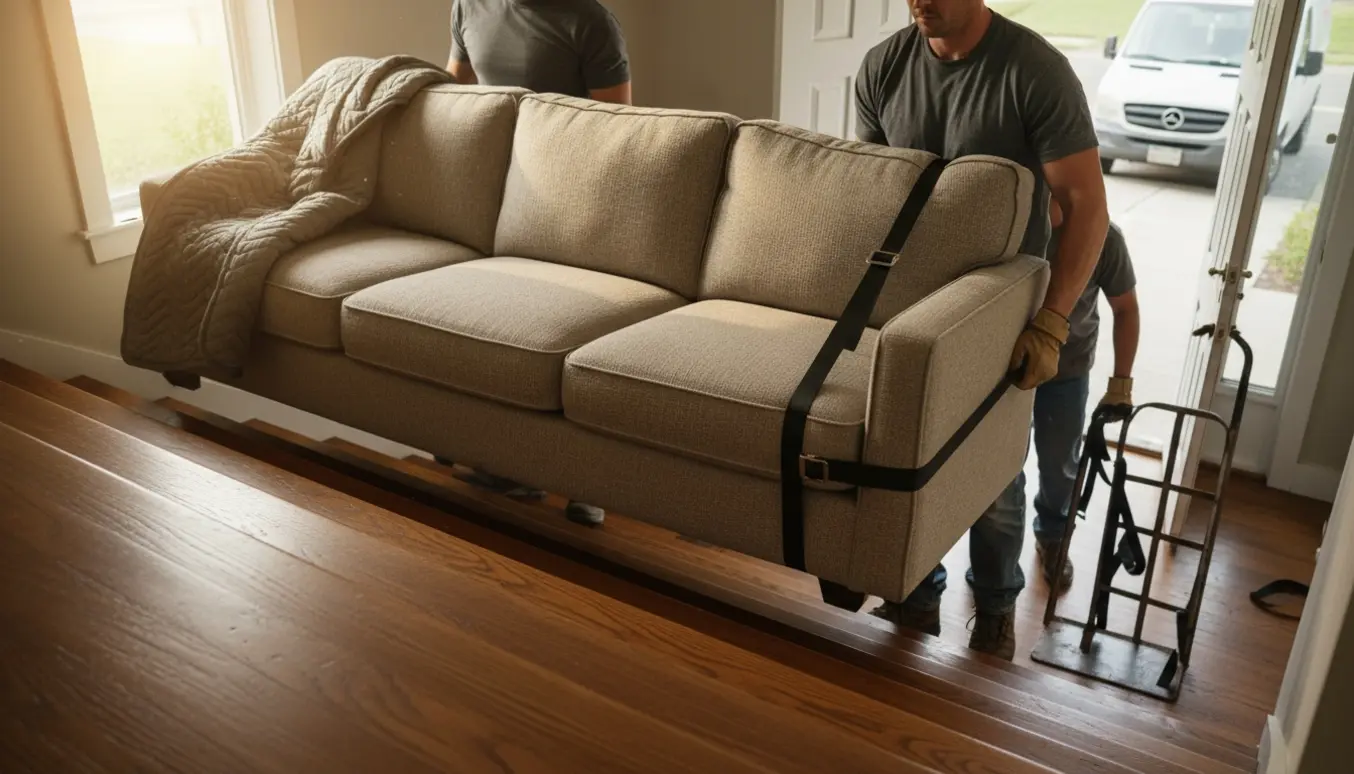 To flyttefolk bærer en trepersoners sofa ned ad en trappe mod en varevogn.