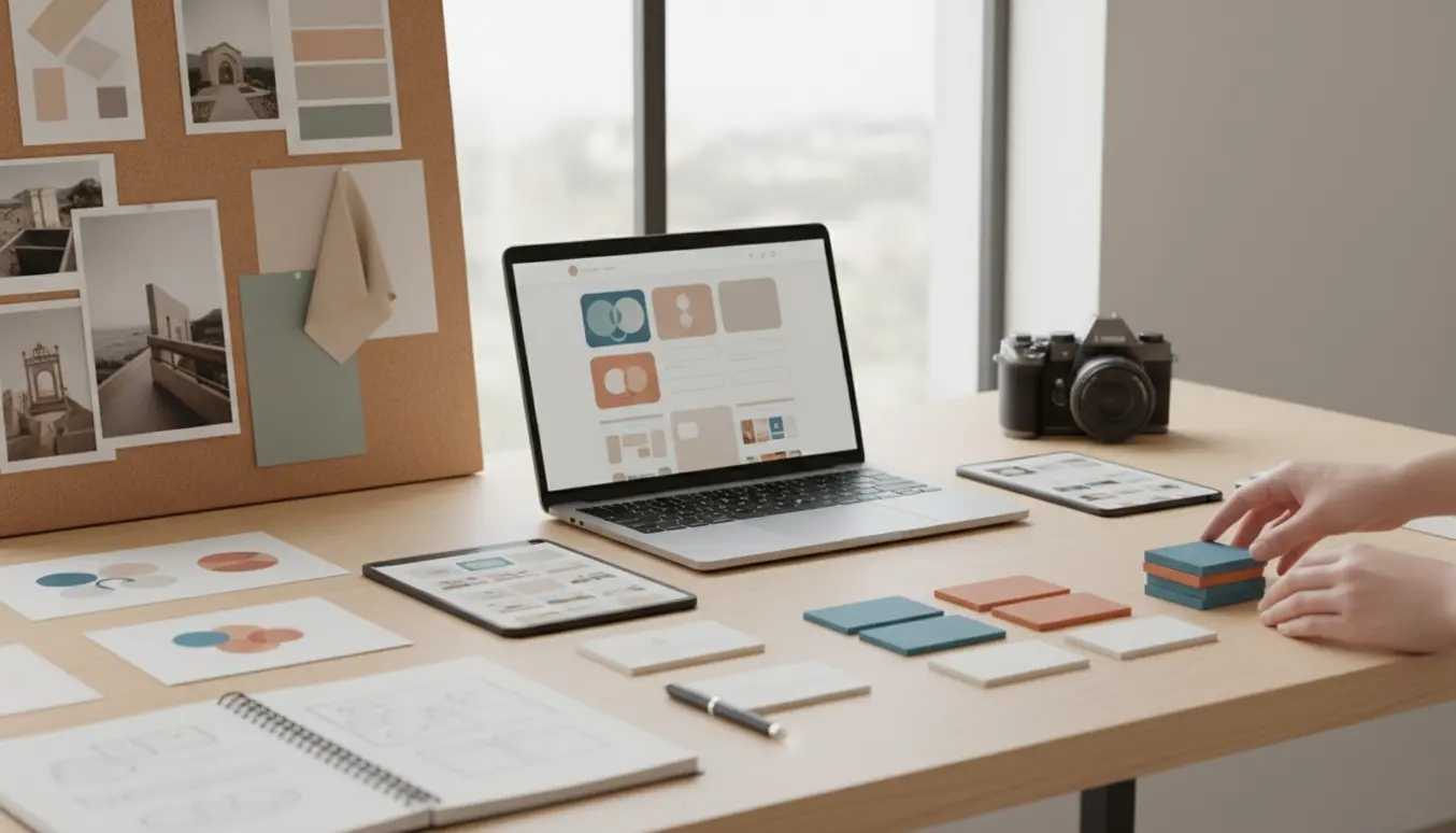 Arbejdsbord med laptop, skitser, billedmateriale og mockups af en ny hjemmeside klar til opsætning.