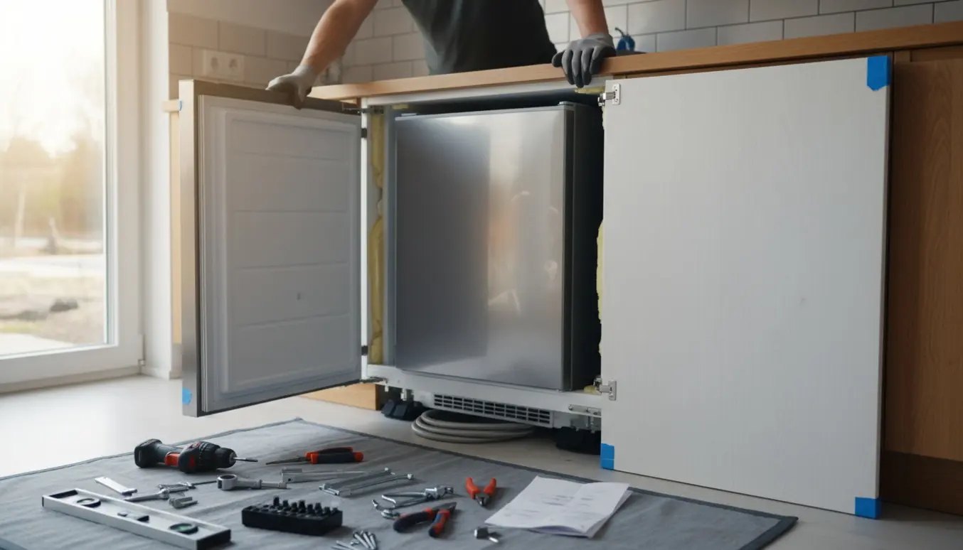 Hænder monterer et nyt integreret køle/fryseskab i et moderne køkken med værktøj og kabinetpanel ved siden af.