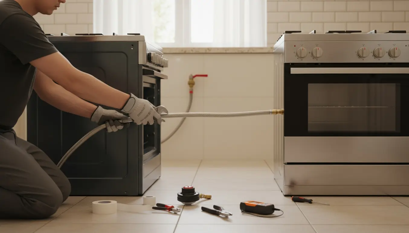 Tekniker i handsker afmonterer et gammelt gaskomfur og forbinder et nyt i et lyst køkken.