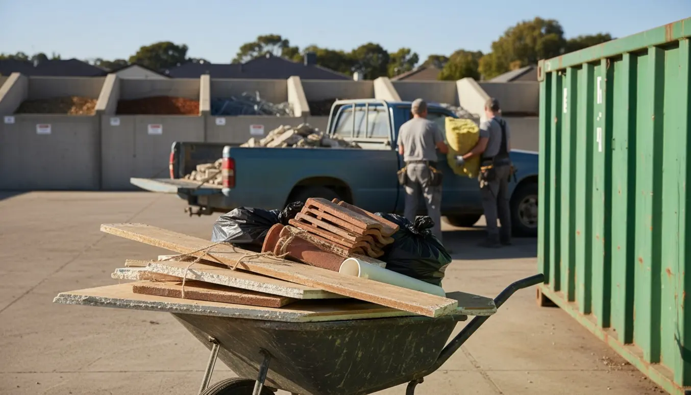 Byggeaffald i en trillebør afleveres på en lokal genbrugsplads.