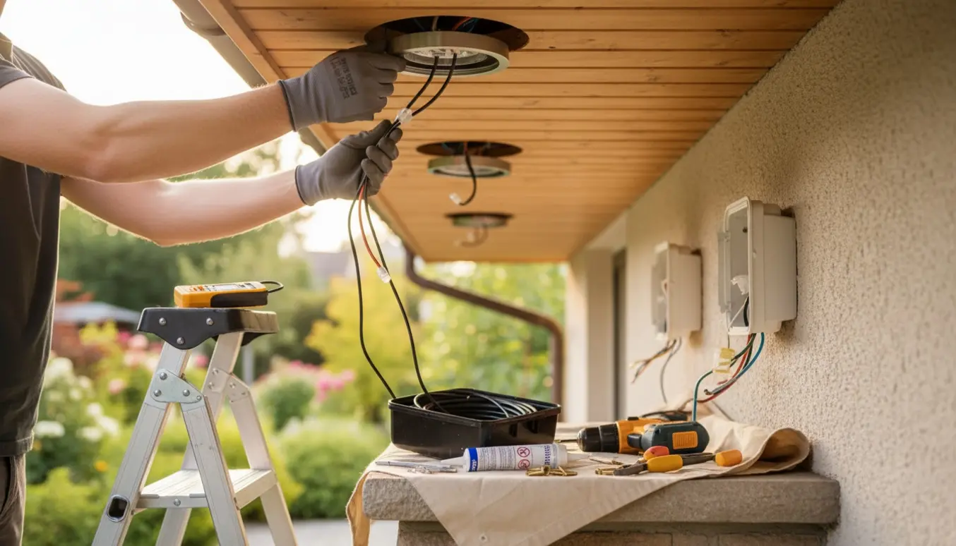 Hænder installerer udendørs stikkontakt og to indbygningsspots under husets udhæng.