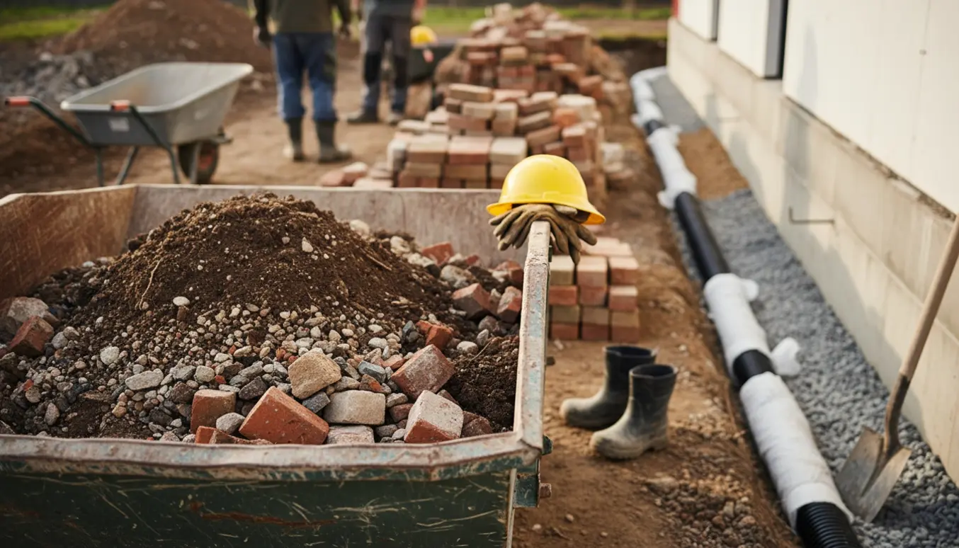 Stor container med overskydende jord, sten og tegl ved en byggeplads efter etablering af omfangsdræn.