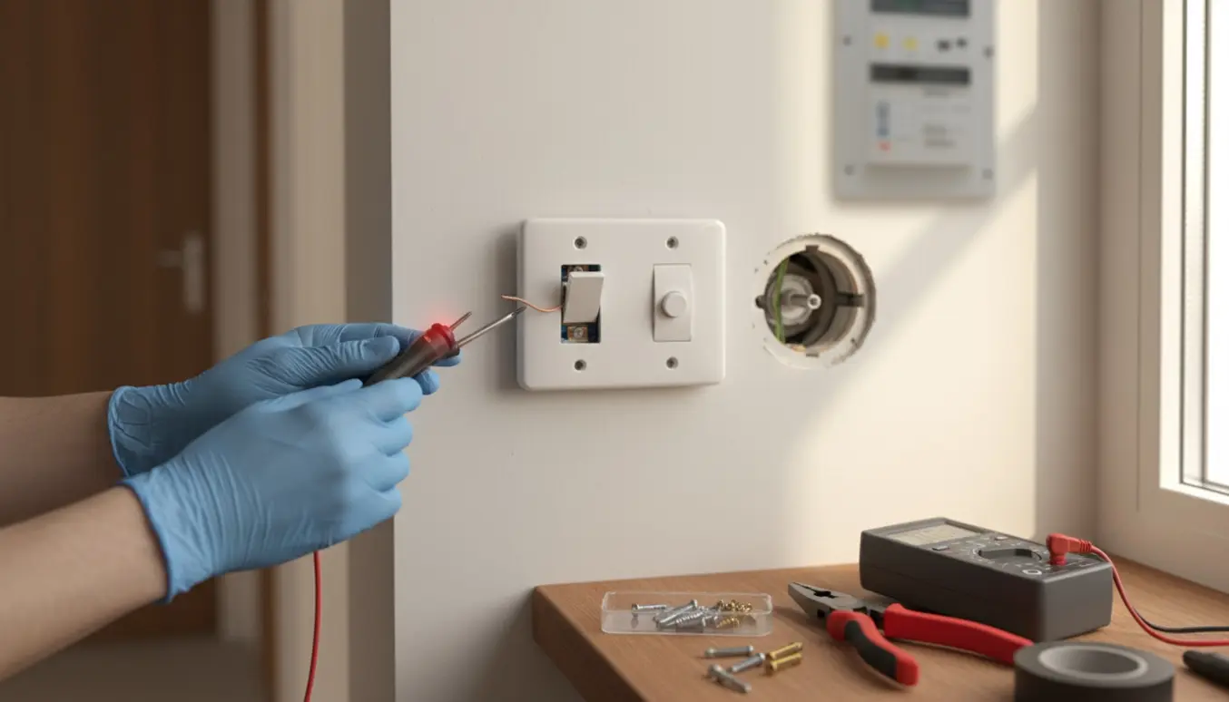 Hænder reparerer to løse rockerafbrydere, en fastklemt trykknap og en defekt lysdæmper med værktøj i naturligt dagslys.