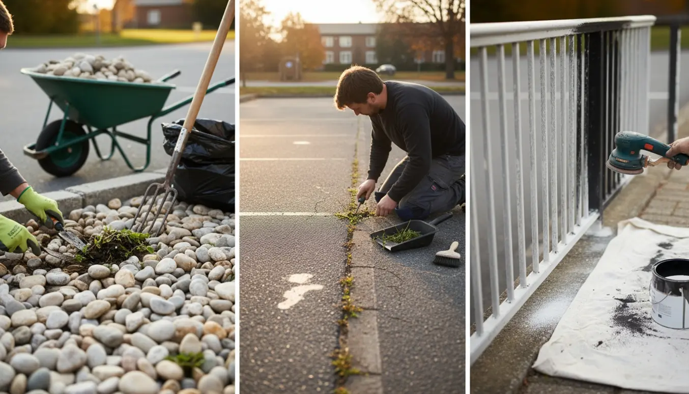 Udendørs arbejde med oprydning af stenbed og ukrudt i en parkeringsplads samt slibning og maling af et gelænder.