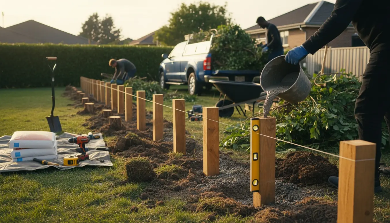 Nedtaget hæk og opsætning af nyt hegn med stolper sat i jord og frisk støbning, omgivet af værktøj og bunker af grene.