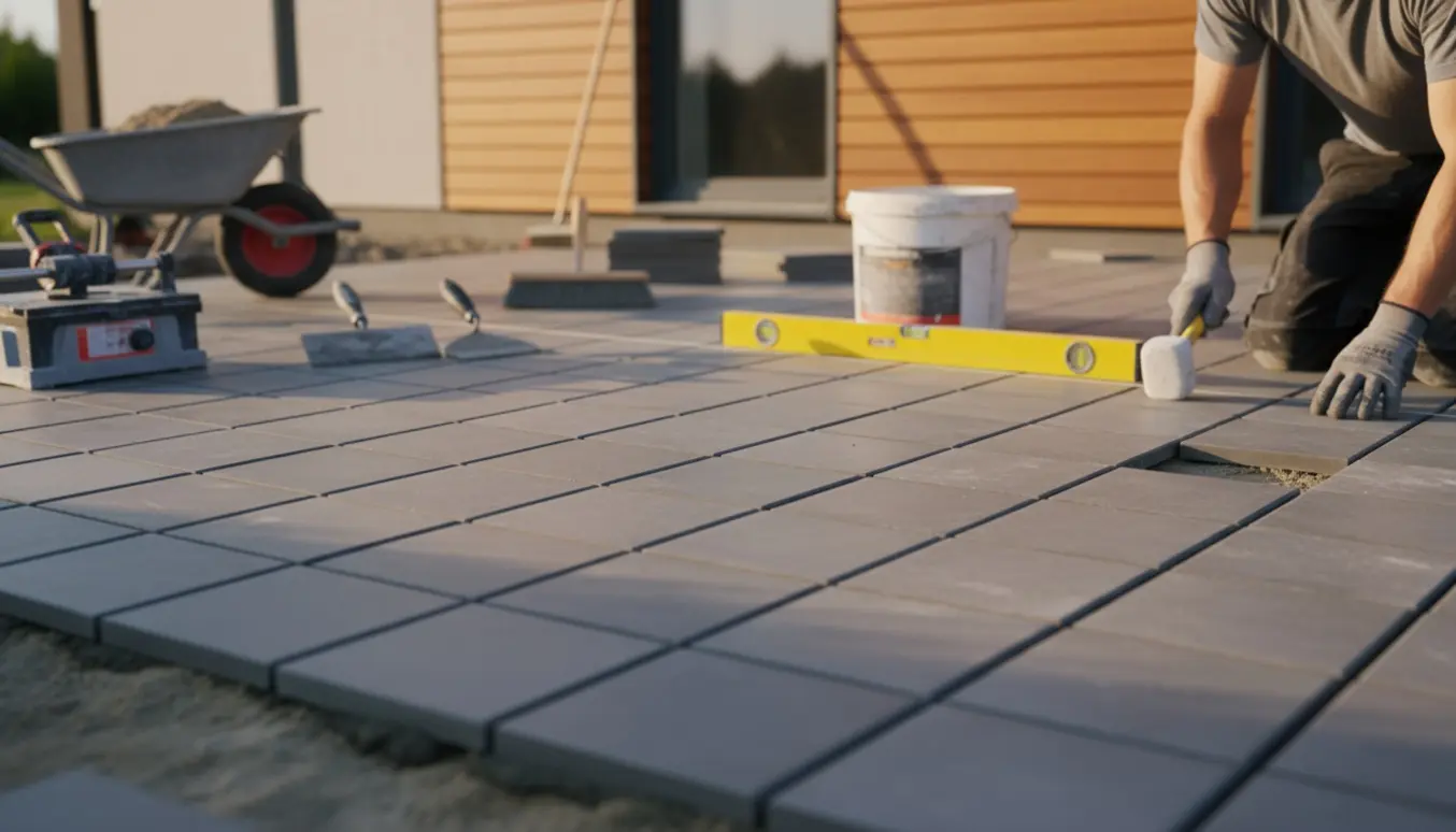 Delvis færdig udendørs flisebelægning ved husmuren på cirka to gange tre meter med værktøj synligt.