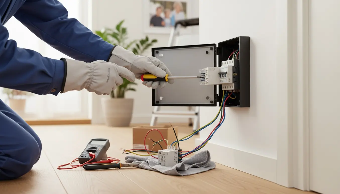 Hænder i isolerede handsker skifter et HFI-relæ i en åben eltavle i et lyst hjem.