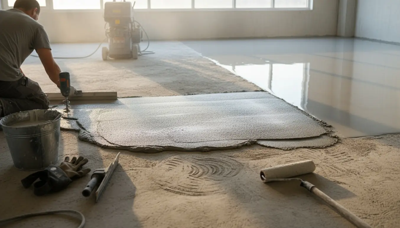 Læggelse af epoxygulv i tomt rum med slebet beton, spartelarbejde og nyslebet blank overflade.