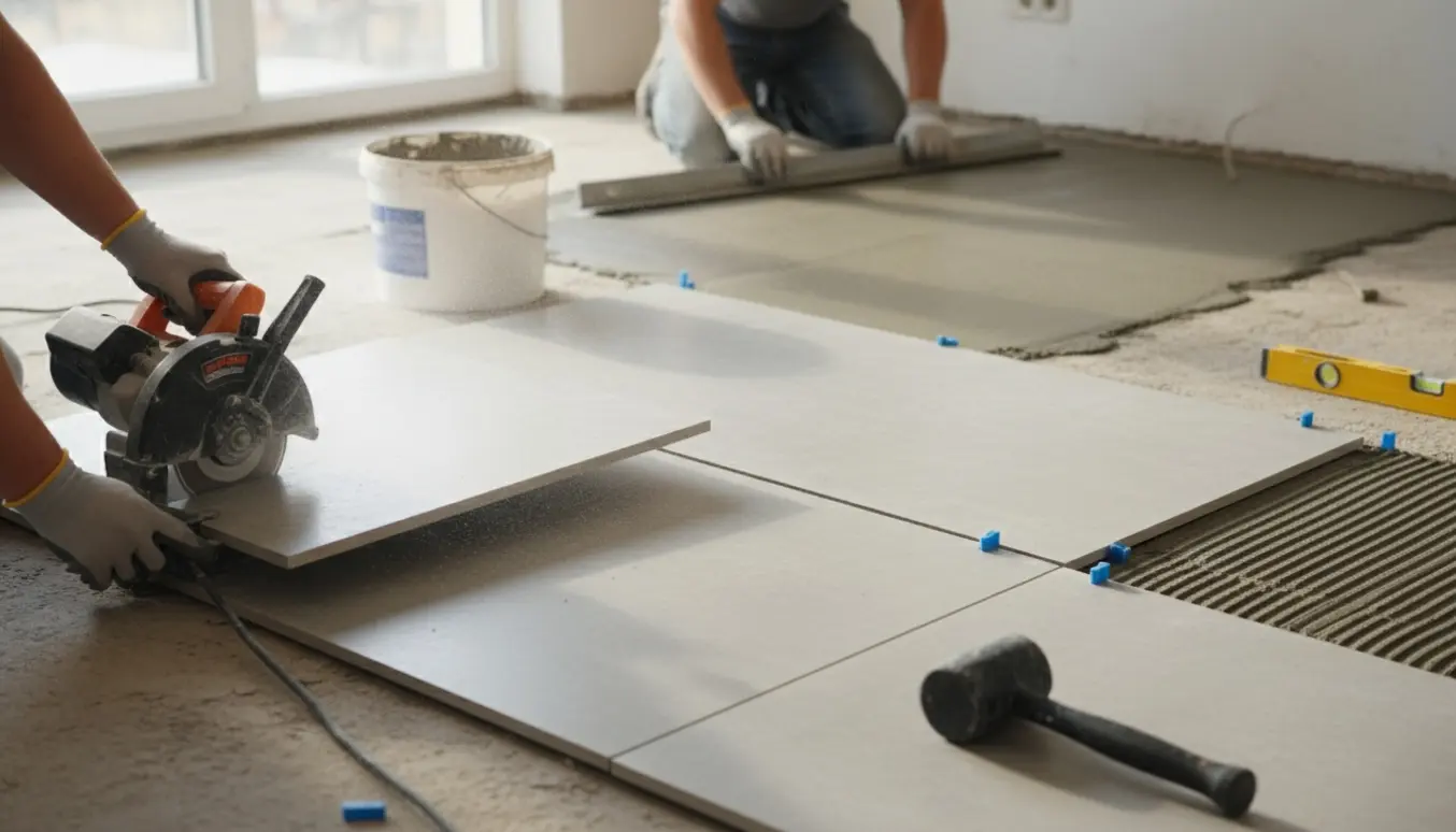 Fire store kvadratiske fliser skæres og lægges på en betonbund, mens betonen rettes til.