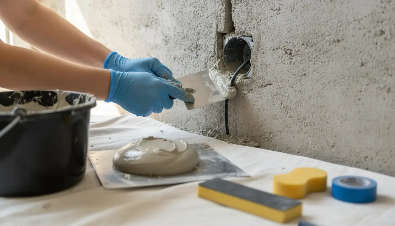 Nærbillede af en betonvæg, hvor en rille omkring en indbygningsdåse fyldes med reparationsmørtel.