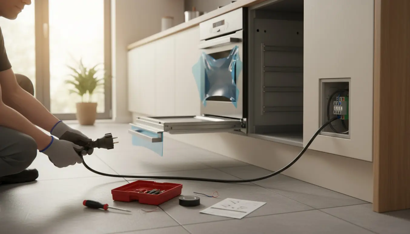 Hænder tilslutter en fabriksny indbygningsovn med Schuko-stik til en vægmonteret terminal i et lyst køkken.