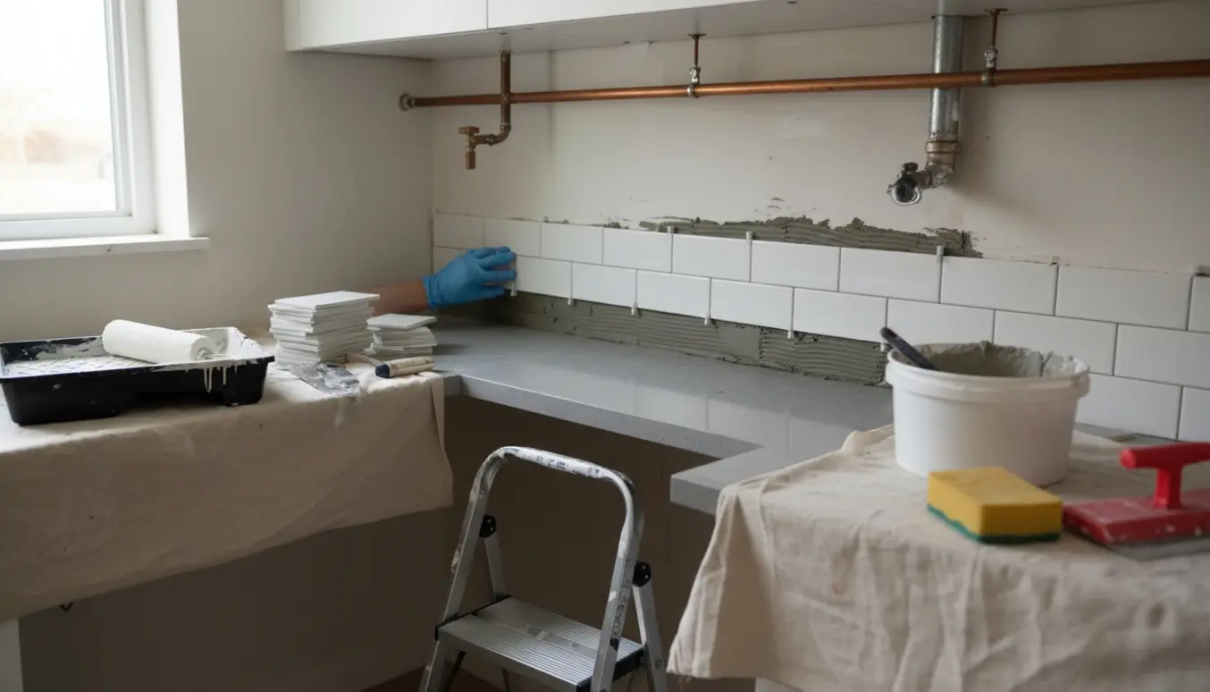 Køkken under mini-renovering med hvide fliser under opsætning, maling og værktøj på bordet.