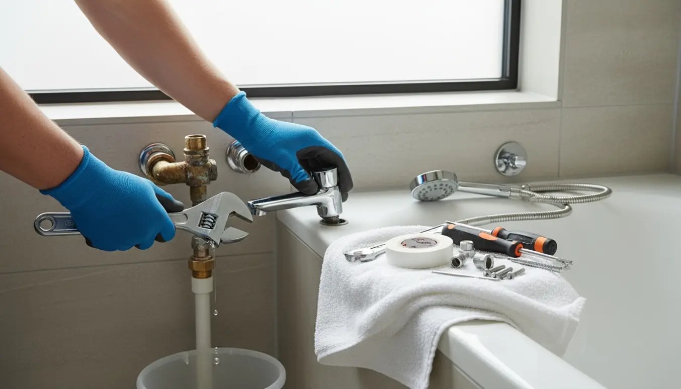 Hænder udskifter et krom blandingsbatteri og monterer en bruserslange i et lyst badeværelse.