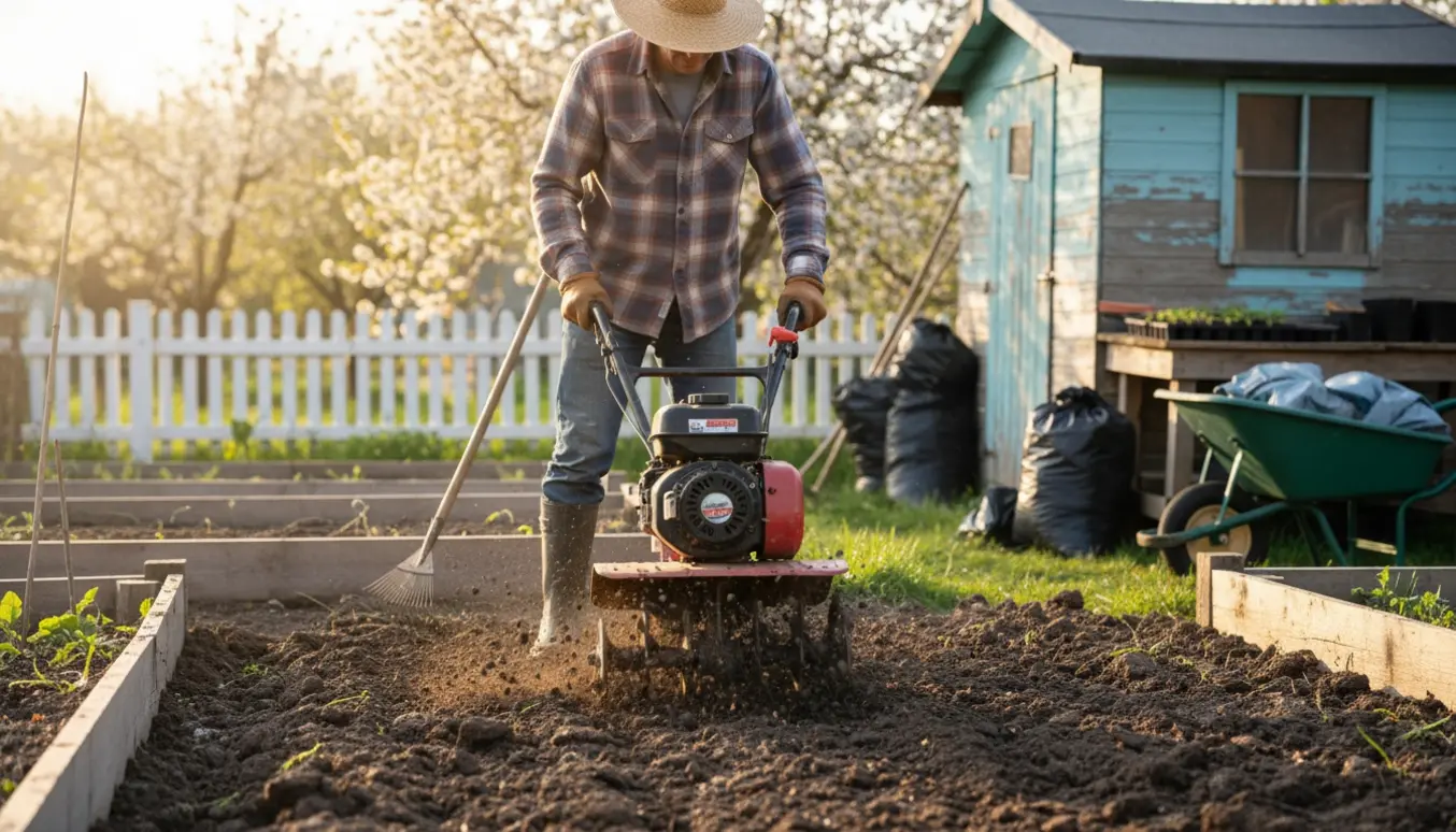 Person fræser jorden i en kolonihave om foråret.