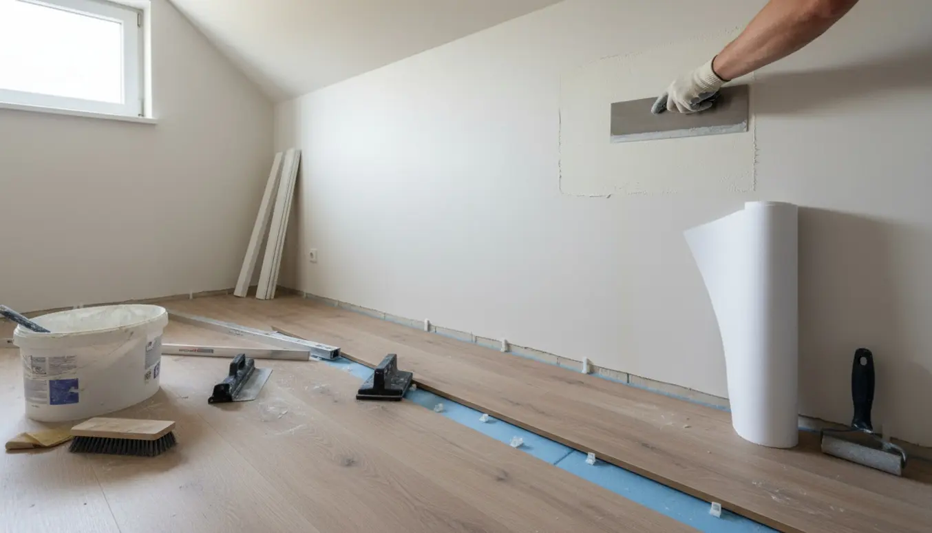 Lille lavtloftet værelse under renovering med spartling, filt på væggene og lægning af klikgulv.