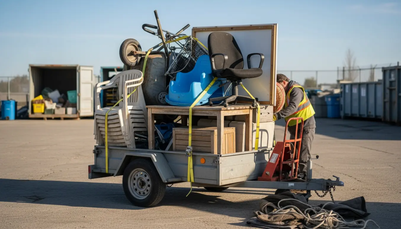 Trailer fyldt med storskrald ved genbrugscenteret klar til aflevering.