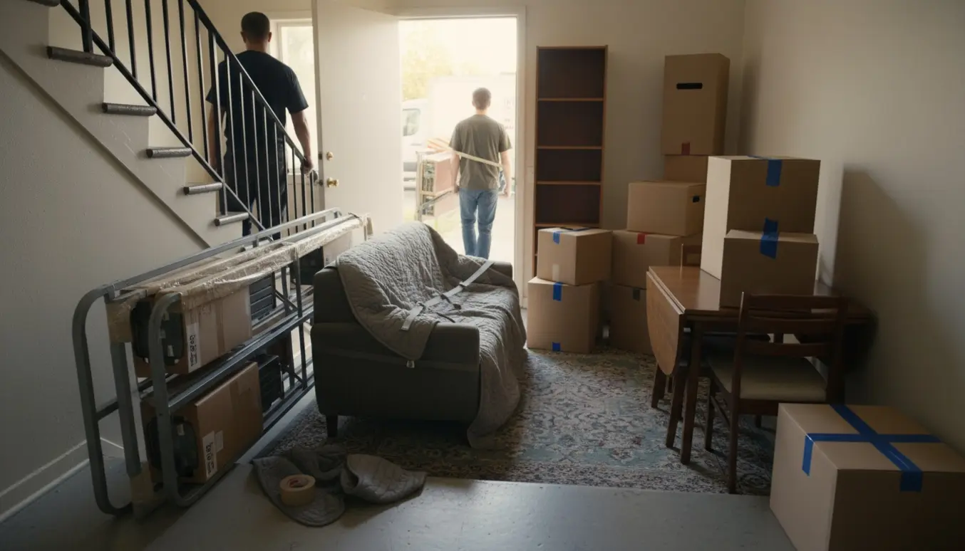 Flyttefolk bærer møbler og flyttekasser ned ad en trappe fra en lejlighed, med pakket sofa, sengedele og reol klar til lastning.